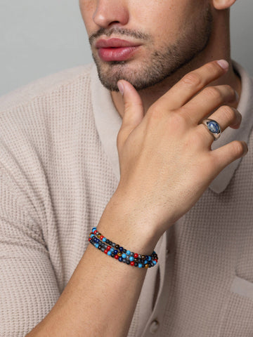 Nialaya Men's Beaded Bracelet The Mykonos Collection - Turquoise, Red Glass Beads, Blue Lapis, Hematite, and Onyx